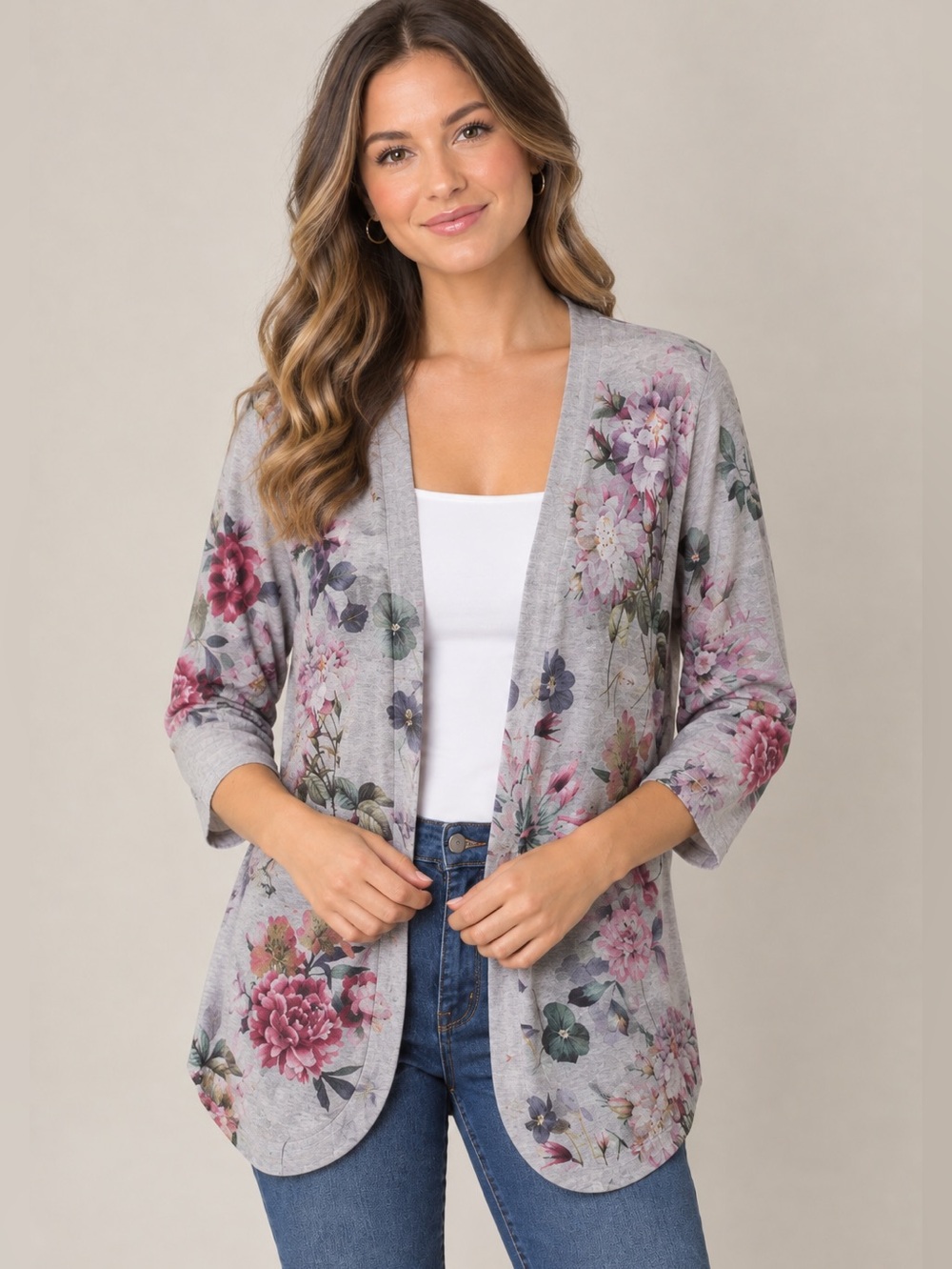 Ginger G Gray Floral Open-Front Cardigan with Pink and Green Blooms Size Small